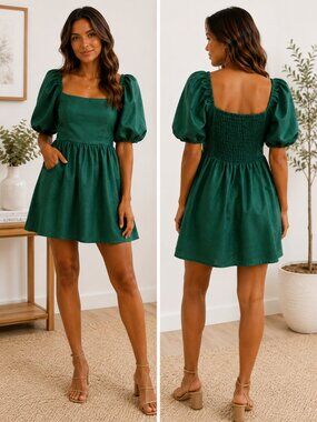 Babydoll dress, Green Puff Sleeve Mini Dress NWT Size Small Square Neck